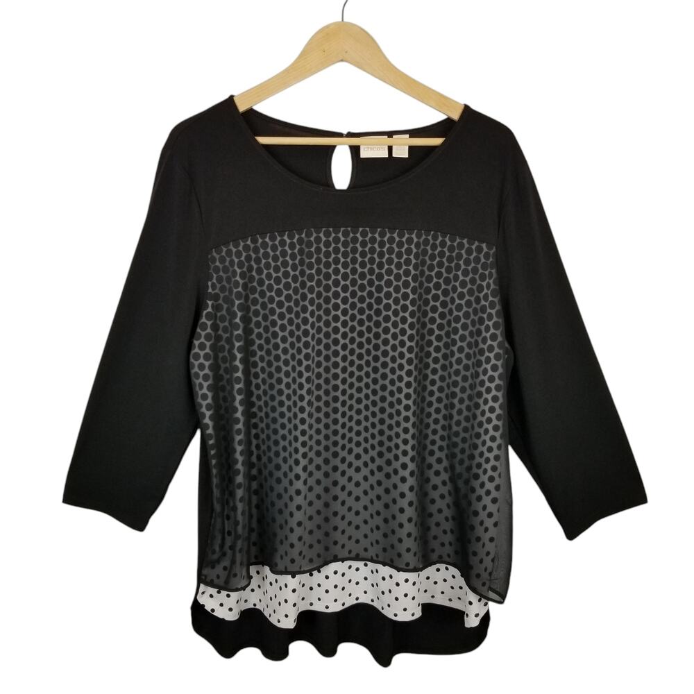 Chico's Women's Black White Polka Dot Stretch Knit Long Sleeve Top Size XL
